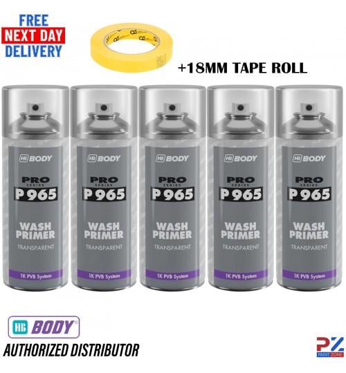 5X HB BODY P965 Wash Primer Aerosol 400ml Anti Corrosion + 1x 18mm Tape Roll